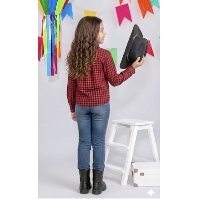 Camisa Infantil Meninas Xadrez Poliéster Junina Preto e Vermelho
