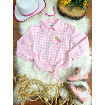 Camisa Infantil Meninas Xadrez Junina Rosa e Branco
