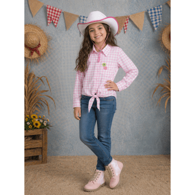 Camisa Infantil Meninas Xadrez Junina Rosa e Branco