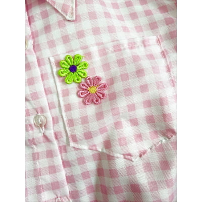 Camisa Infantil Meninas Xadrez Junina Rosa e Branco