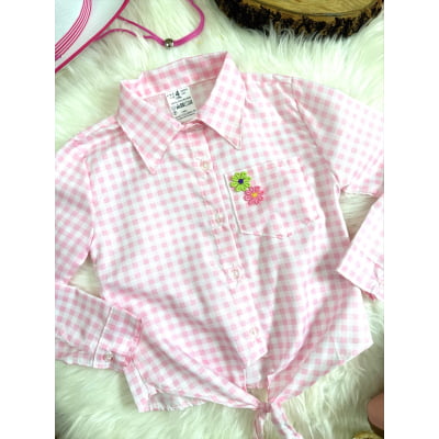 Camisa Infantil Meninas Xadrez Junina Rosa e Branco