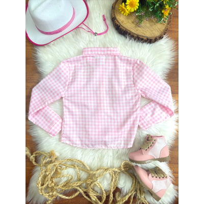Camisa Infantil Meninas Xadrez Junina Rosa e Branco