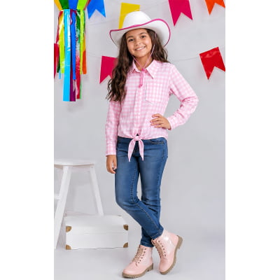 Camisa Infantil Meninas Xadrez Junina Rosa e Branco