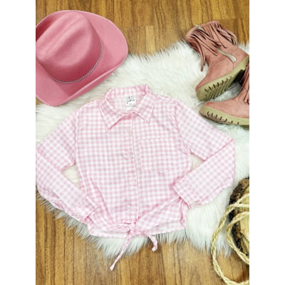 Camisa Infantil Meninas Xadrez Junina Rosa e Branco