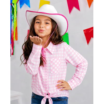 Camisa Infantil Meninas Xadrez Junina Rosa e Branco