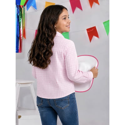 Camisa Infantil Meninas Xadrez Junina Rosa e Branco