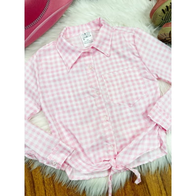 Camisa Infantil Meninas Xadrez Junina Rosa e Branco