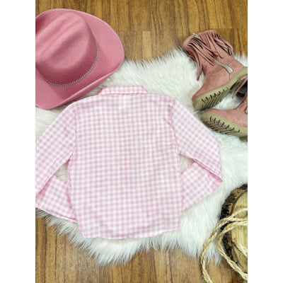 Camisa Infantil Meninas Xadrez Junina Rosa e Branco