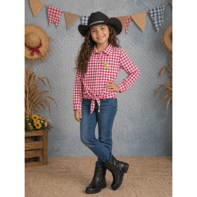 Camisa Infantil Meninas Xadrez Junina Vermelho e Branco