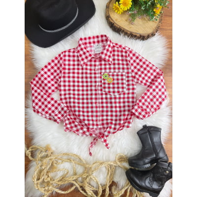 Camisa Infantil Meninas Xadrez Junina Vermelho e Branco