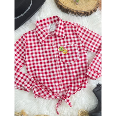 Camisa Infantil Meninas Xadrez Junina Vermelho e Branco