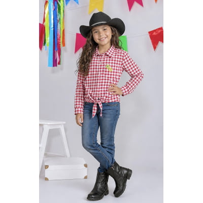 Camisa Infantil Meninas Xadrez Poliéster Junina Vermelho e Branco