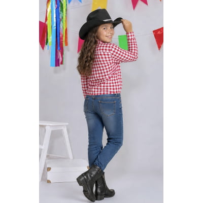 Camisa Infantil Meninas Xadrez Poliéster Junina Vermelho e Branco