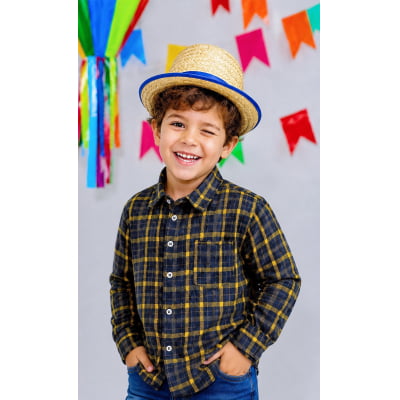 Camisa Infantil Xadrez Flanelada Azul Marinho e Amarela Manga Longa Camisa Infantil Xadrez Flanelada Azul Marinho e Amarela Manga Longa