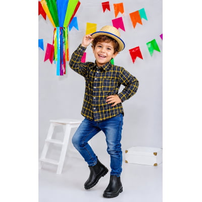 Camisa Infantil Xadrez Flanelada Azul Marinho e Amarela Manga Longa
