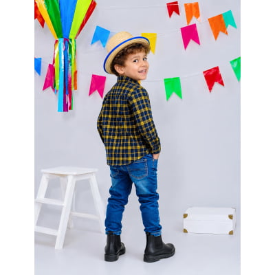Camisa Infantil Xadrez Flanelada Azul Marinho e Amarela Manga Longa