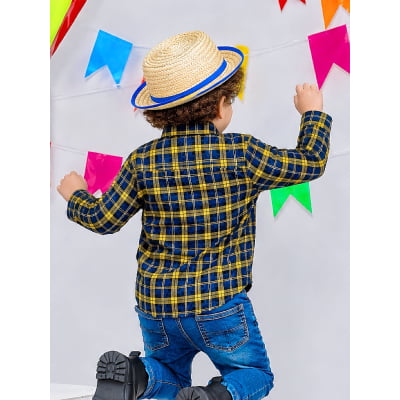 Camisa Infantil Xadrez Flanelada Azul Marinho e Amarela Manga Longa