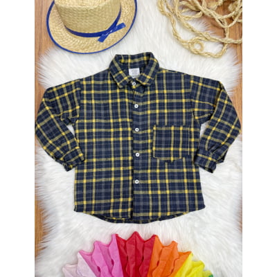 Camisa Infantil Xadrez Flanelada Azul Marinho e Amarela Manga Longa