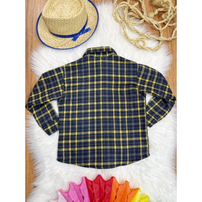 Camisa Infantil Xadrez Flanelada Azul Marinho e Amarela Manga Longa