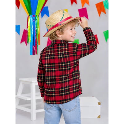 Camisa Infantil Xadrez Flanelada Vermelha e Kaki Manga Longa