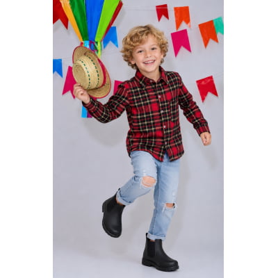 Camisa Infantil Xadrez Flanelada Vermelha e Kaki Manga Longa