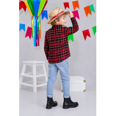 Camisa Infantil Xadrez Flanelada Vermelha e Kaki Manga Longa