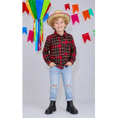 Camisa Infantil Xadrez Flanelada Vermelha e Kaki Manga Longa