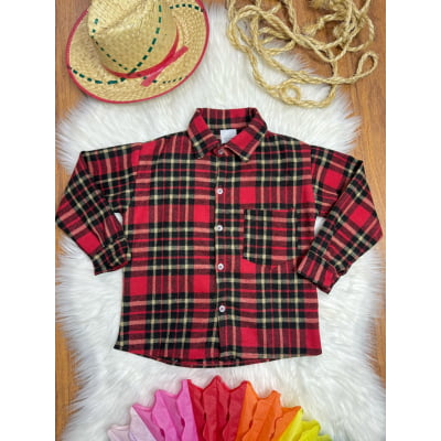 Camisa Infantil Xadrez Flanelada Vermelha e Kaki Manga Longa