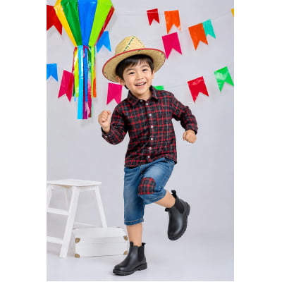 Camisa Infantil Xadrez Flanelada Vermelha e Preta Manga Longa