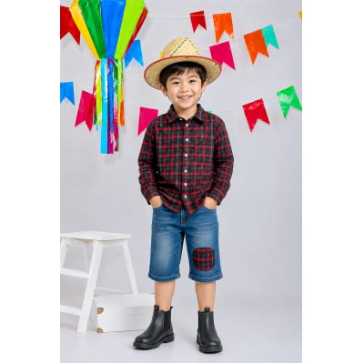 Camisa Infantil Xadrez Flanelada Vermelha e Preta Manga Longa