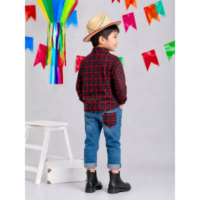 Camisa Infantil Xadrez Flanelada Vermelha e Preta Manga Longa