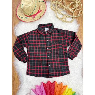 Camisa Infantil Xadrez Flanelada Vermelha e Preta Manga Longa