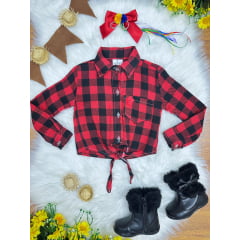 Camisa Infantil Meninas Flanelada Xadrez Junina Preto e Vermelho