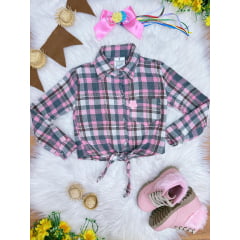 Camisa Infantil Meninas Flanelada Xadrez Junina Arraiá Rosa