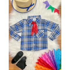 Camisa Xadrez Junino Caipira Azul Com Gravata