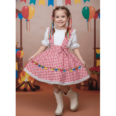 Conjunto Infantil Junino Salopete Branca Saia Xadrez Vermelho