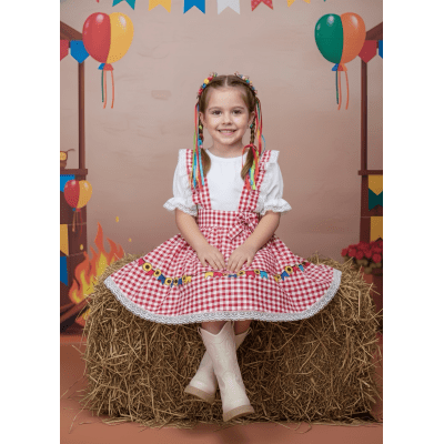 Conjunto Infantil Junino Salopete Branca Saia Xadrez Vermelho