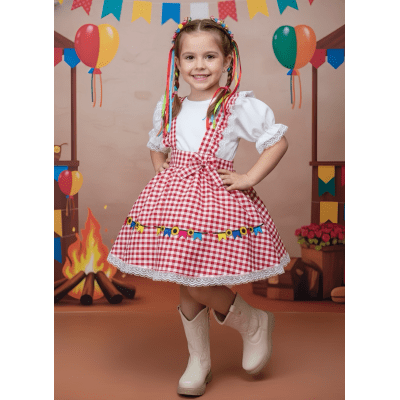 Conjunto Infantil Junino Salopete Branca Saia Xadrez Vermelho