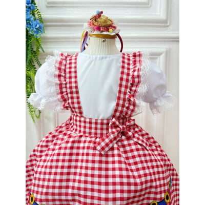 Conjunto Infantil Junino Salopete Branca Saia Xadrez Vermelho