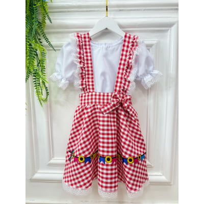 Conjunto Infantil Junino Salopete Branca Saia Xadrez Vermelho