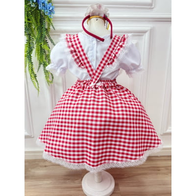 Conjunto Infantil Junino Salopete Branca Saia Xadrez Vermelho