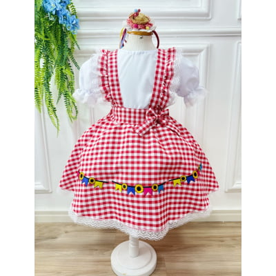 Conjunto Infantil Junino Salopete Branca Saia Xadrez Vermelho