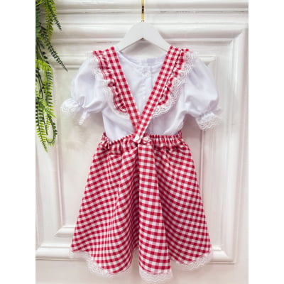 Conjunto Infantil Junino Salopete Branca Saia Xadrez Vermelho
