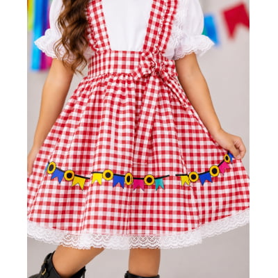 Conjunto Infantil Junino Salopete Branca Saia Xadrez Vermelho