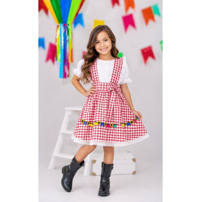 Conjunto Infantil Junino Salopete Branca Saia Xadrez Vermelho Conjunto Infantil Junino Salopete Branca Saia Xadrez Vermelho