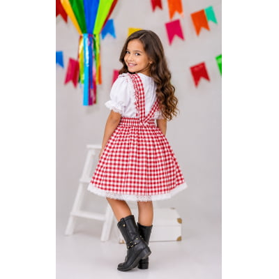Conjunto Infantil Junino Salopete Branca Saia Xadrez Vermelho
