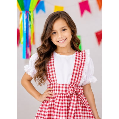 Conjunto Infantil Junino Salopete Branca Saia Xadrez Vermelho