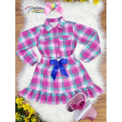 Conjunto Meninas Junino Camisa Rosa Com Saia Xadrez