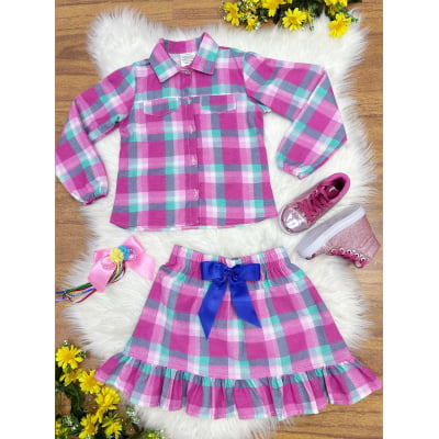Conjunto Meninas Junino Camisa Rosa Com Saia Xadrez