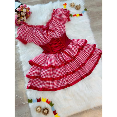 Fantasia Adulto Junino Arraiá Vermelho Xadrez Festas